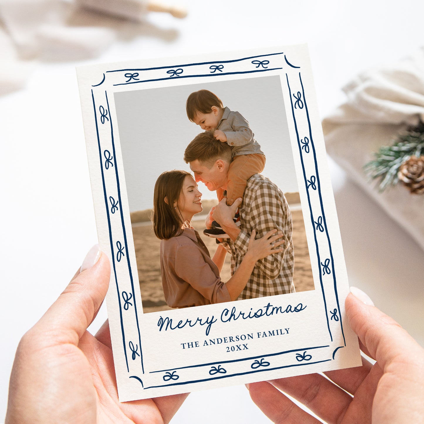 Whimsical Hand-Drawn Navy Bow Frame 2 Photo Holiday Card | Corjl Template