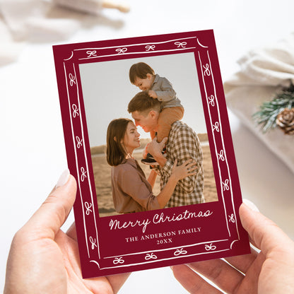 Whimsical Hand-Drawn Bow Frame Cranberry 2 Photo Holiday Card | Corjl Template