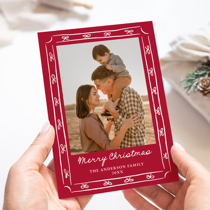 Whimsical Hand-Drawn Bow Frame Red 2 Photo Holiday Card | Corjl Template