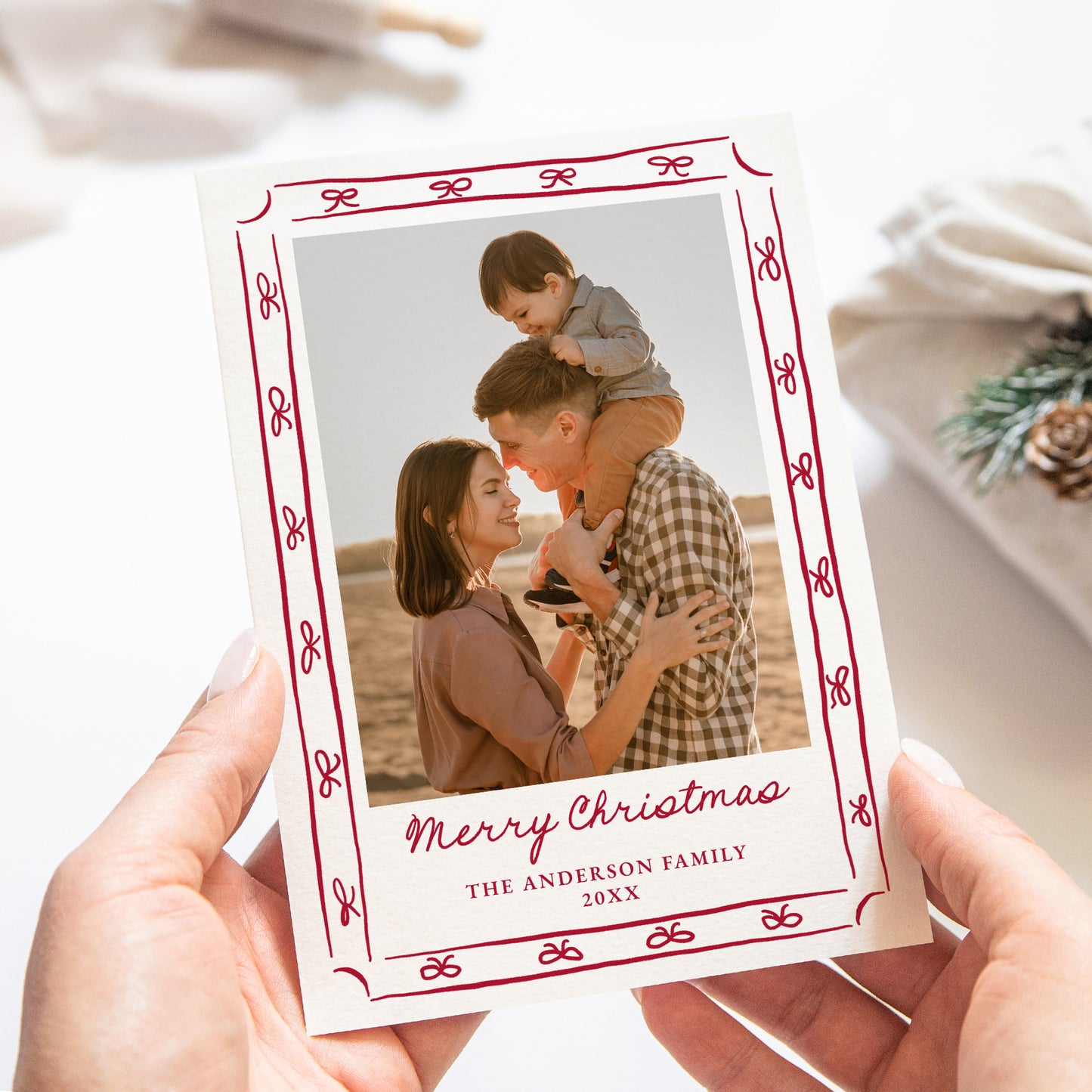 Whimsical Hand-Drawn Red Bow Frame 2 Photo Holiday Card | Corjl Template