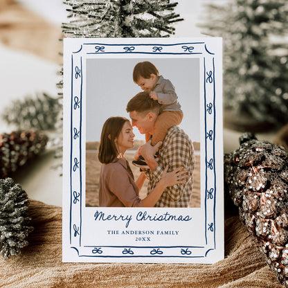 Whimsical Hand-Drawn Navy Bow Frame 2 Photo Holiday Card | Corjl Template