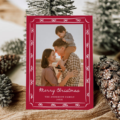 Whimsical Hand-Drawn Bow Frame Red 2 Photo Holiday Card | Corjl Template