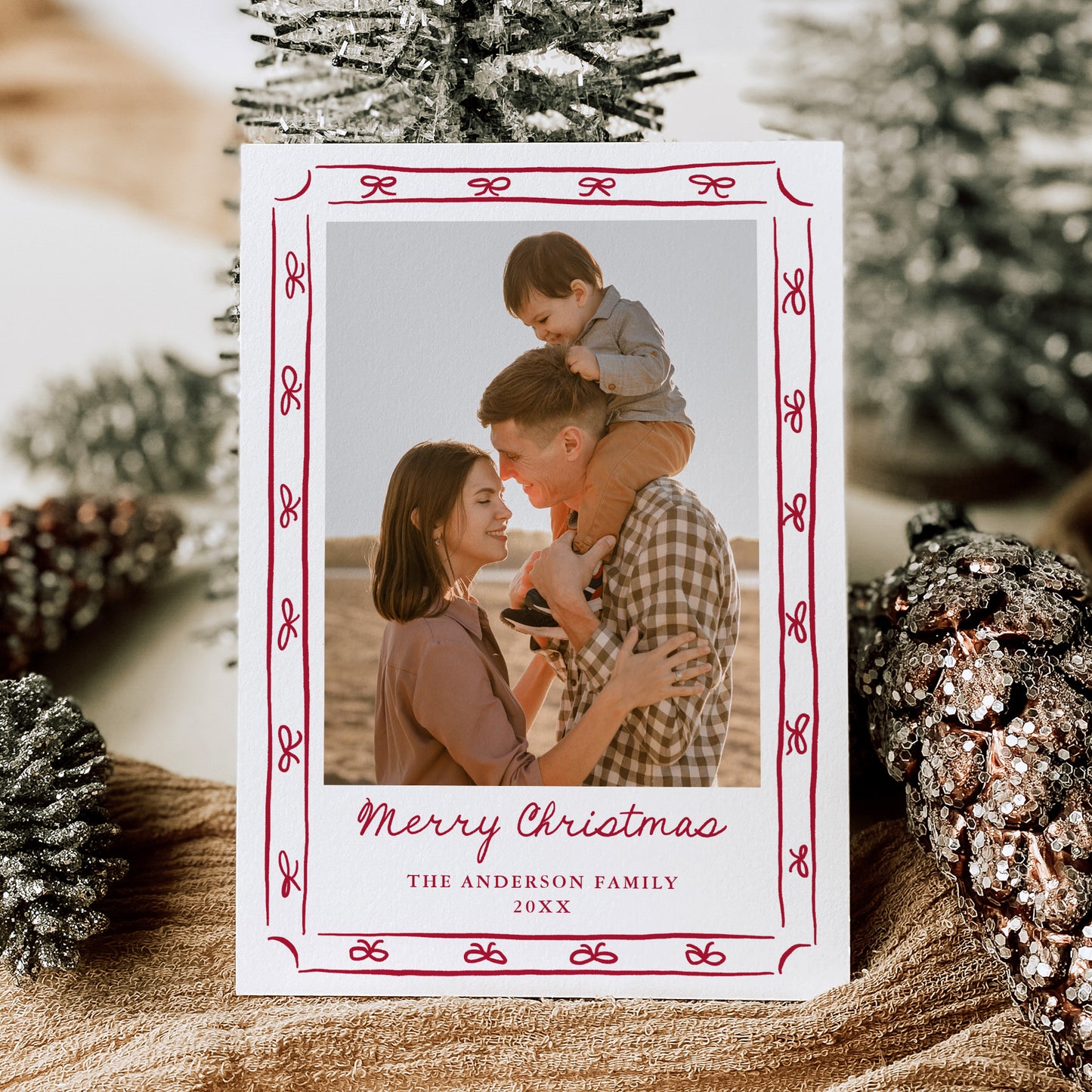 Whimsical Hand-Drawn Red Bow Frame 2 Photo Holiday Card | Corjl Template
