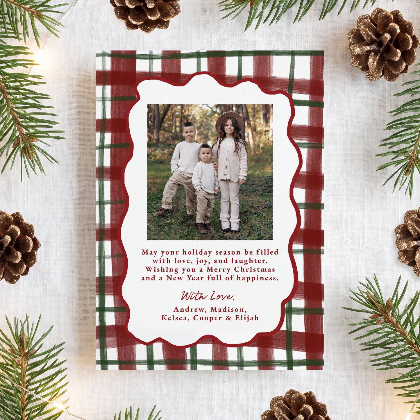 Whimsical Hand-Drawn Bow Plaid Christmas Photo Card | Corjl Template
