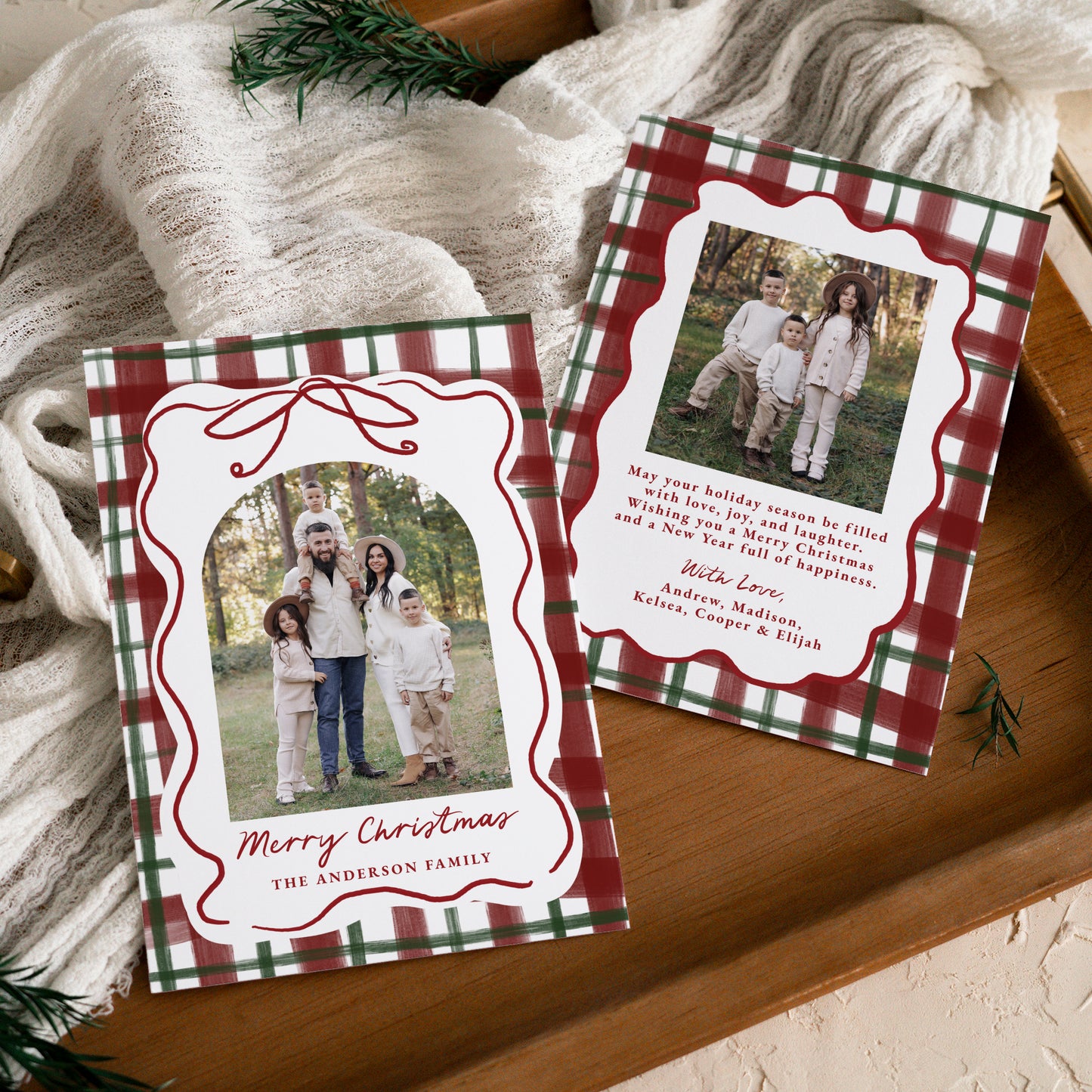 Whimsical Hand-Drawn Bow Plaid Christmas Photo Card | Corjl Template