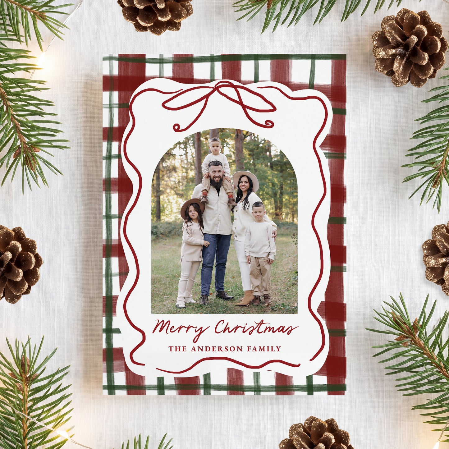 Whimsical Hand-Drawn Bow Plaid Christmas Photo Card | Corjl Template