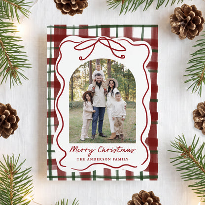 Whimsical Hand-Drawn Bow Plaid Christmas Photo Card | Corjl Template