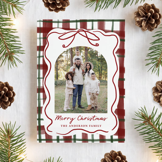 Whimsical Hand-Drawn Bow Plaid Christmas Photo Card | Corjl Template