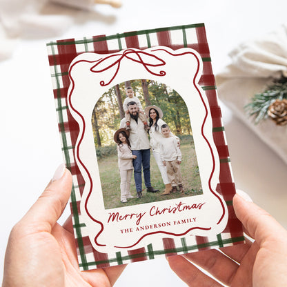 Whimsical Hand-Drawn Bow Plaid Christmas Photo Card | Corjl Template