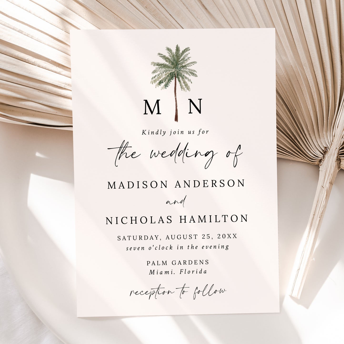 Minimal Palm Tree Monogram Cream Wedding Invitation | Corjl Template