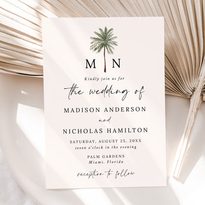 Minimal Palm Tree Monogram Cream Wedding Invitation | Corjl Template