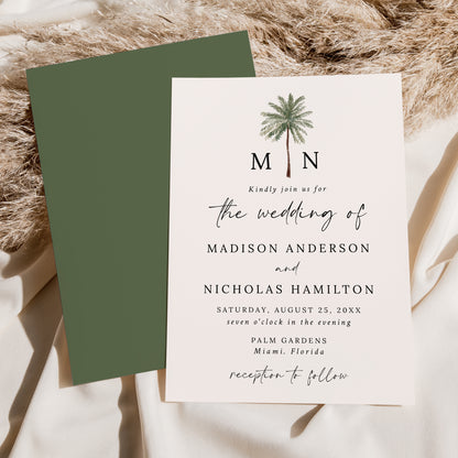 Minimal Palm Tree Monogram Cream Wedding Invitation | Corjl Template