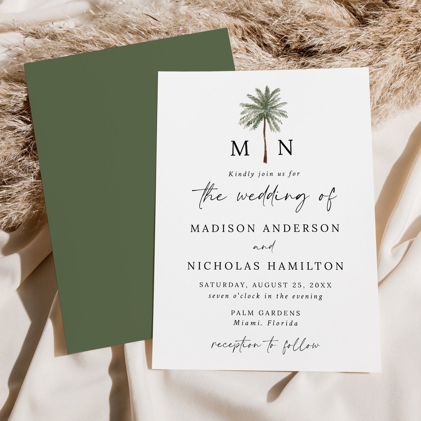 Minimal Palm Tree Monogram Wedding Invitation | Corjl Template