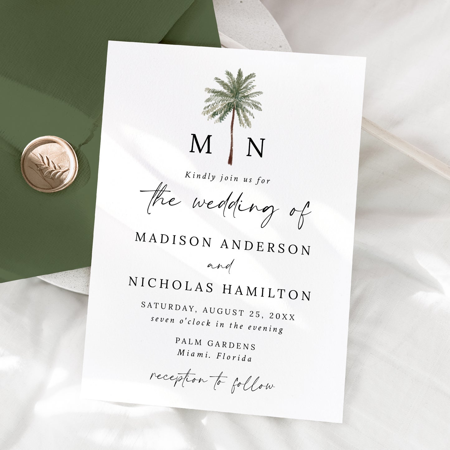 Minimal Palm Tree Monogram Wedding Invitation | Corjl Template