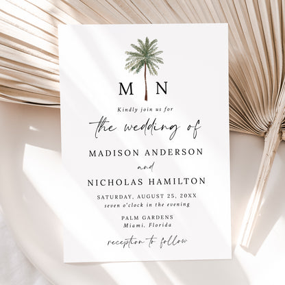 Minimal Palm Tree Monogram Wedding Invitation | Corjl Template