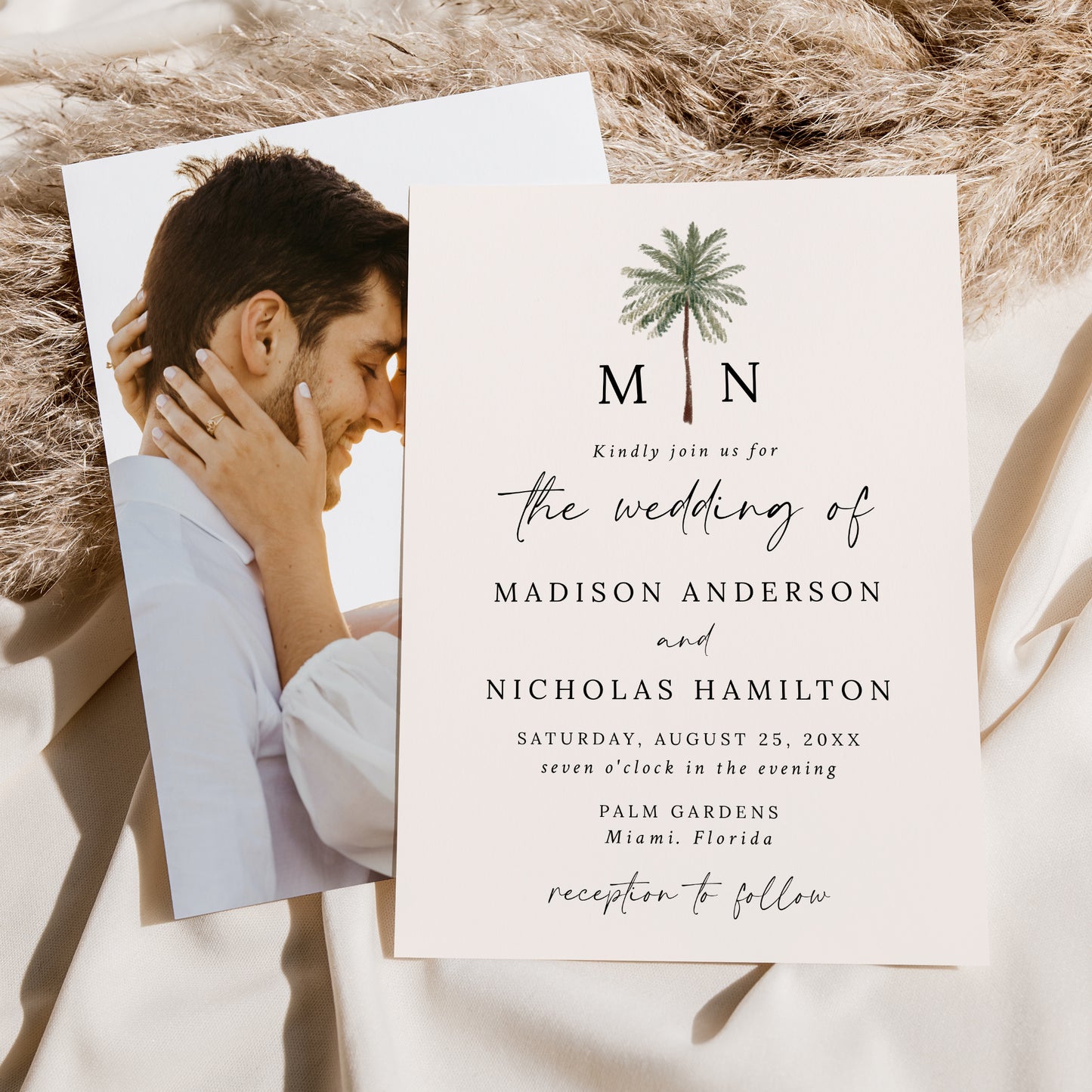 Minimal Palm Tree Cream Monogram Photo Wedding Invitation | Corjl Template