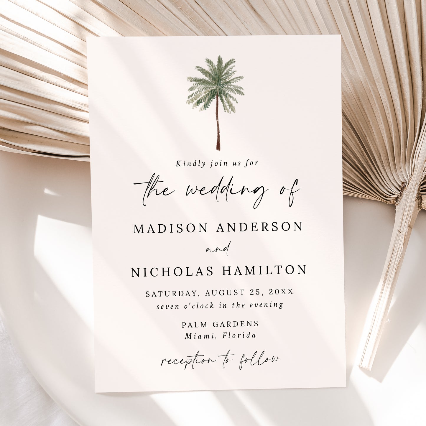 Minimal Palm Tree Cream Wedding Invitation | Corjl Template