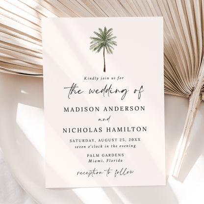 Minimal Palm Tree Cream Wedding Invitation | Corjl Template