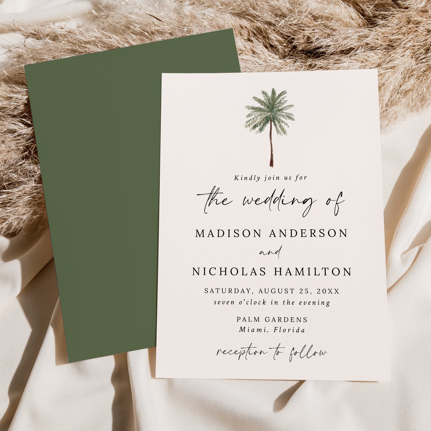 Minimal Palm Tree Cream Wedding Invitation | Corjl Template