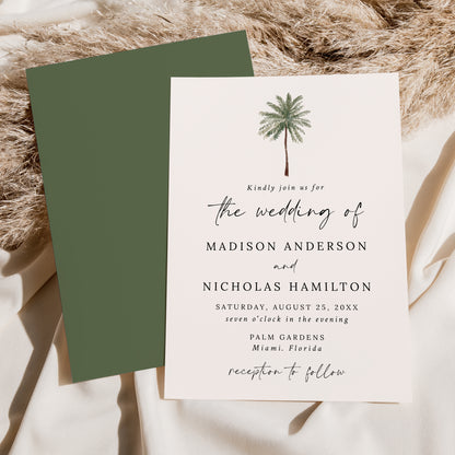 Minimal Palm Tree Cream Wedding Invitation | Corjl Template
