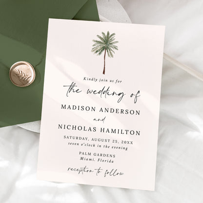Minimal Palm Tree Cream Wedding Invitation | Corjl Template