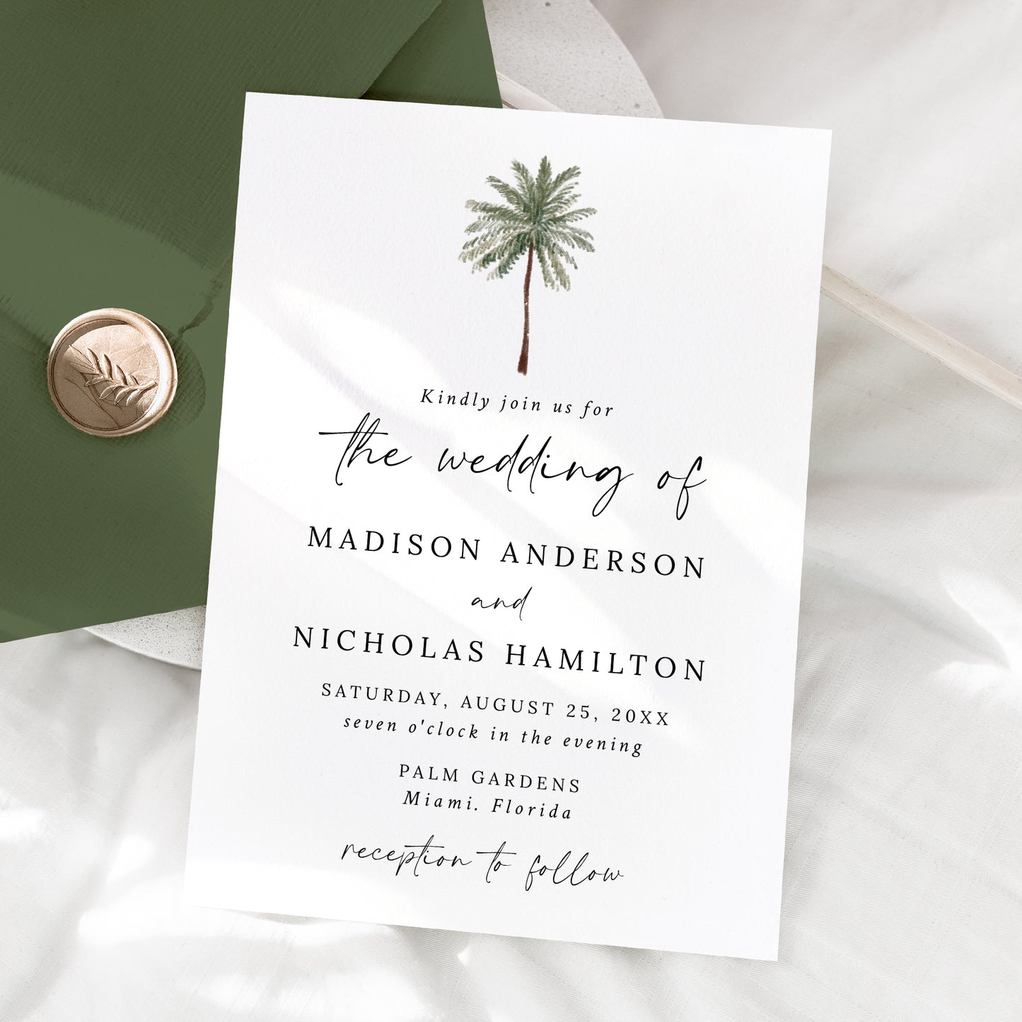 Minimal Palm Tree Wedding Invitation | Corjl Template