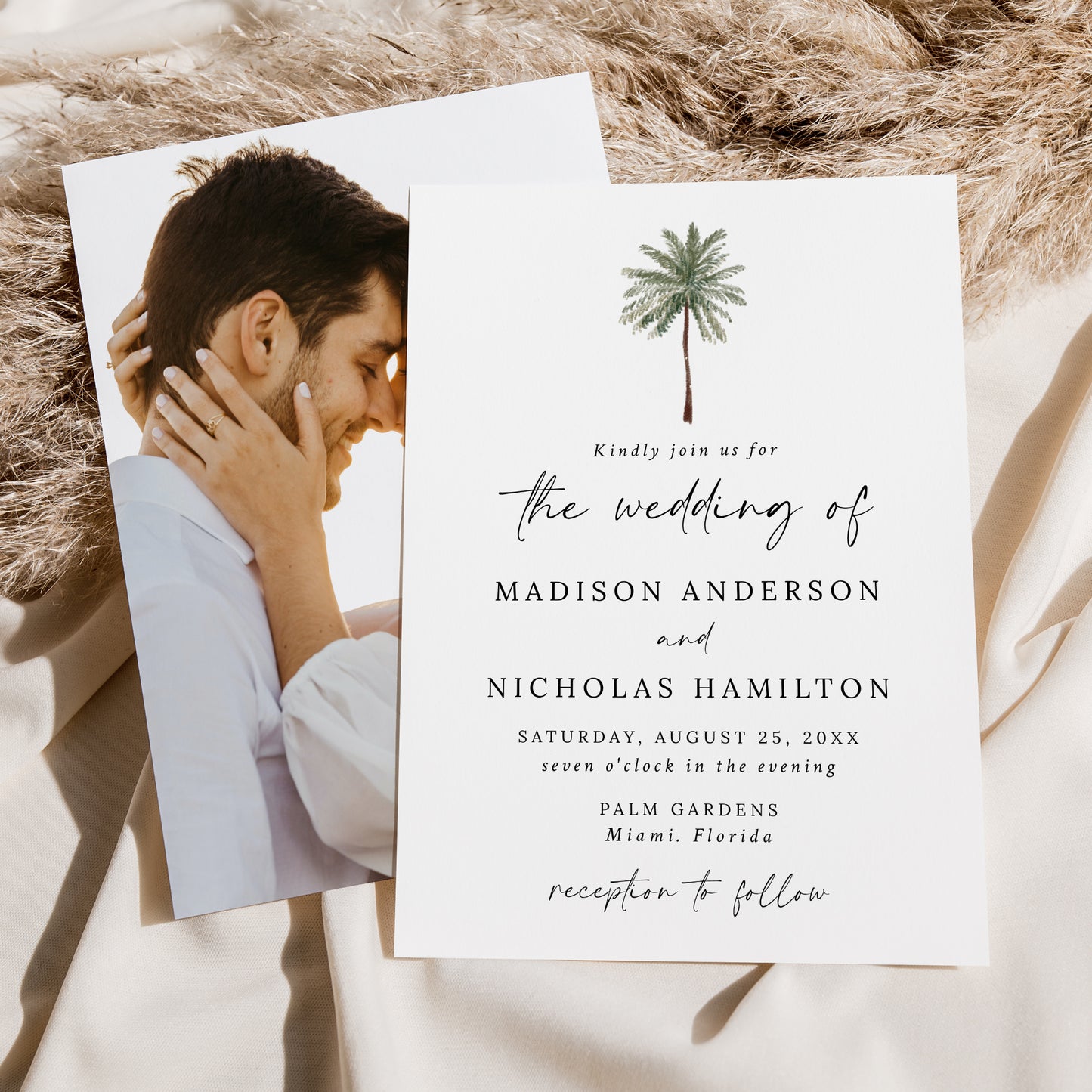 Minimal Palm Tree Photo Wedding Invitation | Corjl Template