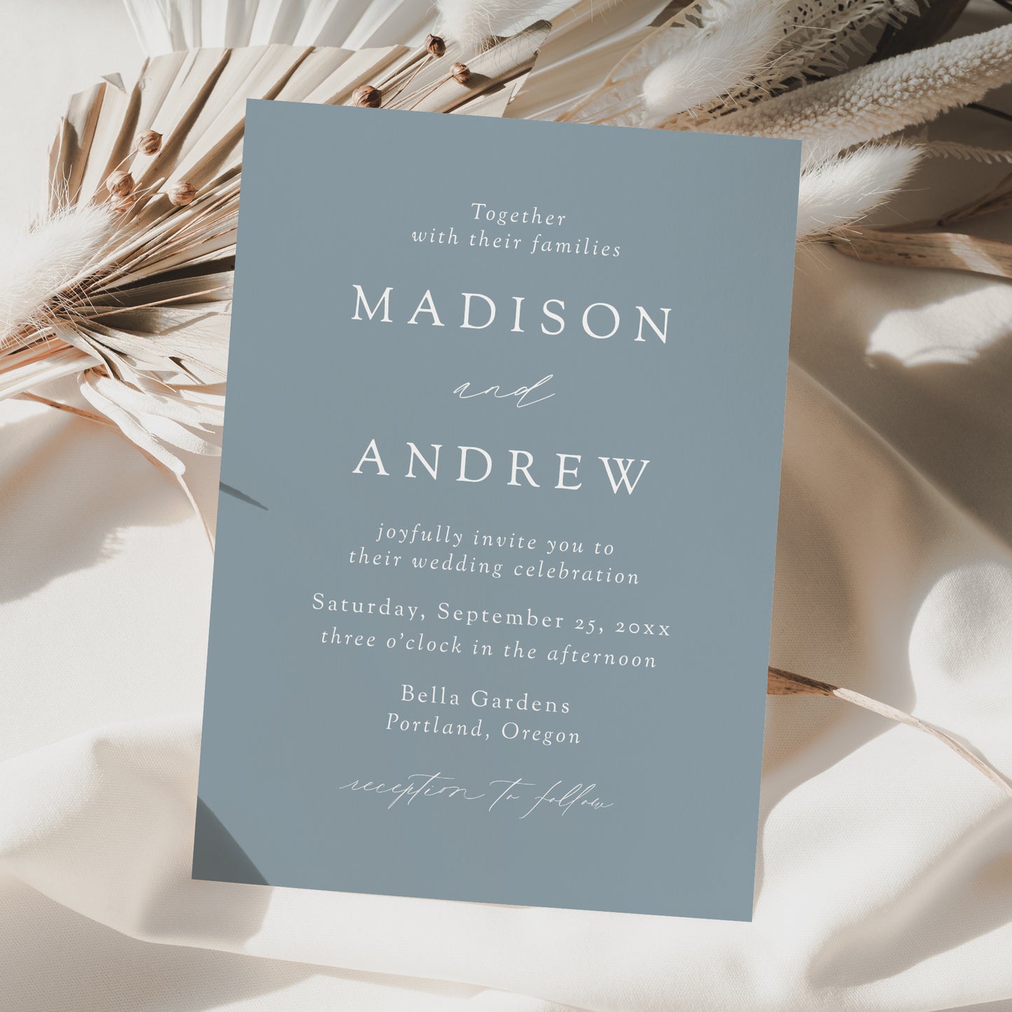 Modern Elegant Dusty Blue Wedding Invitation | Corjl Template