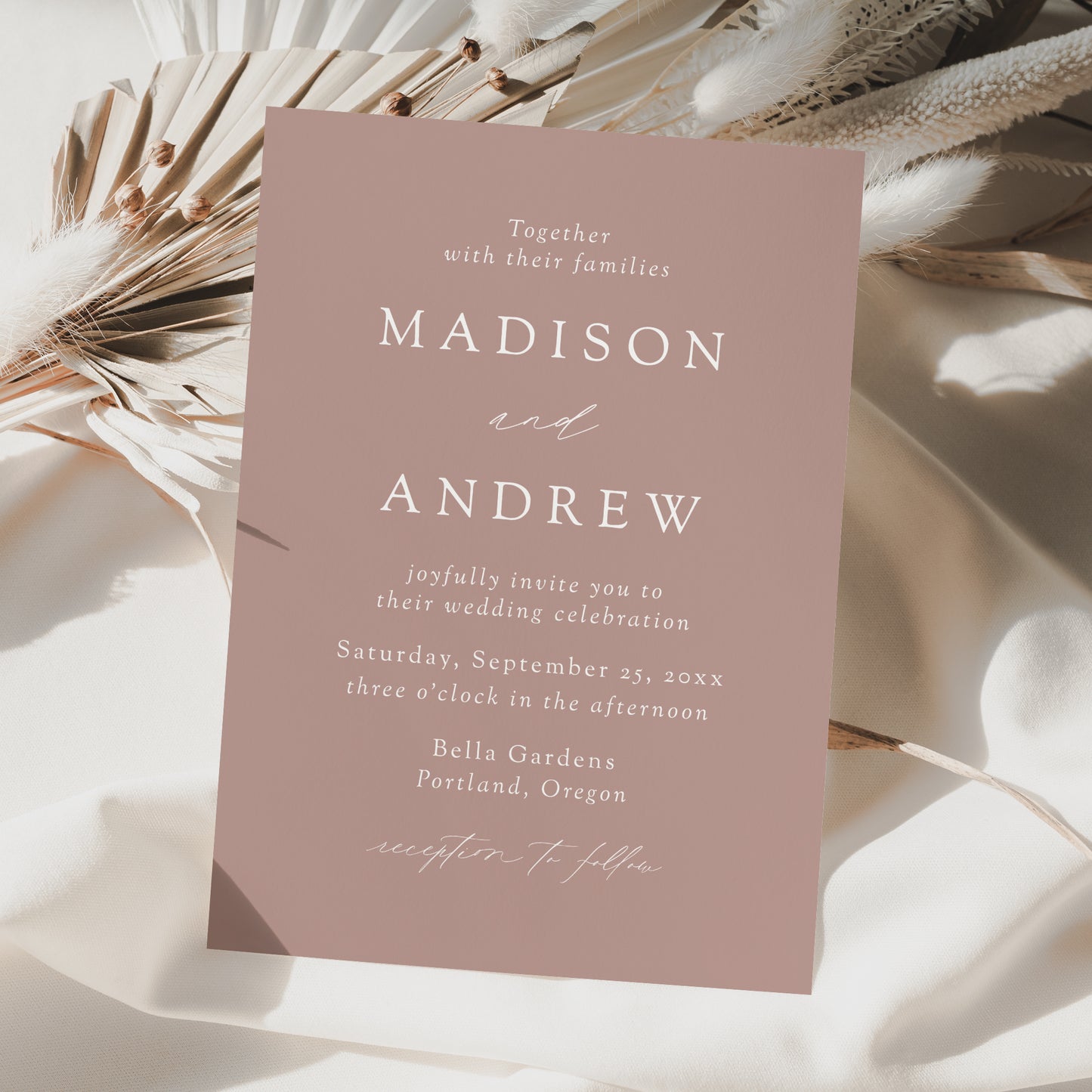 Modern Elegant Dusty Rose Wedding Invitation | Corjl Template