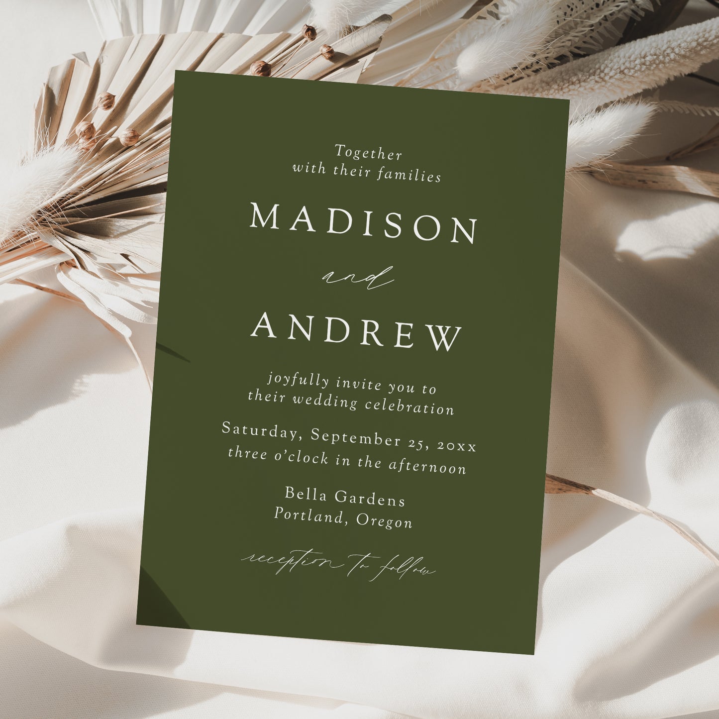 Modern Elegant Olive Green Wedding Invitation | Corjl Template