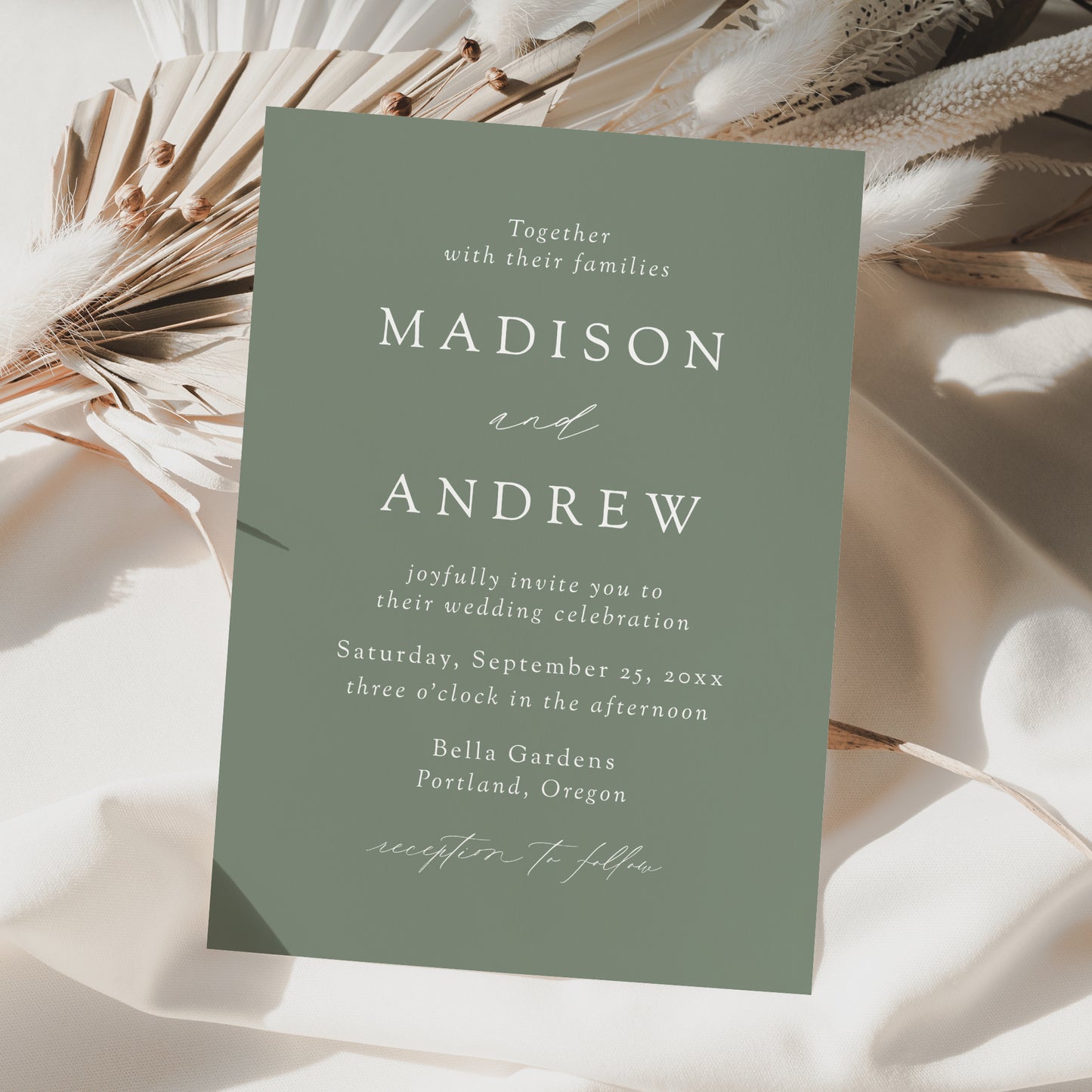 Modern Elegant Sage Green Wedding Invitation | Corjl Template