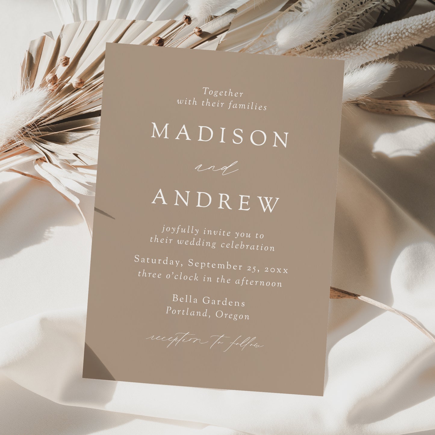 Modern Elegant Taupe Wedding Invitation | Corjl Template