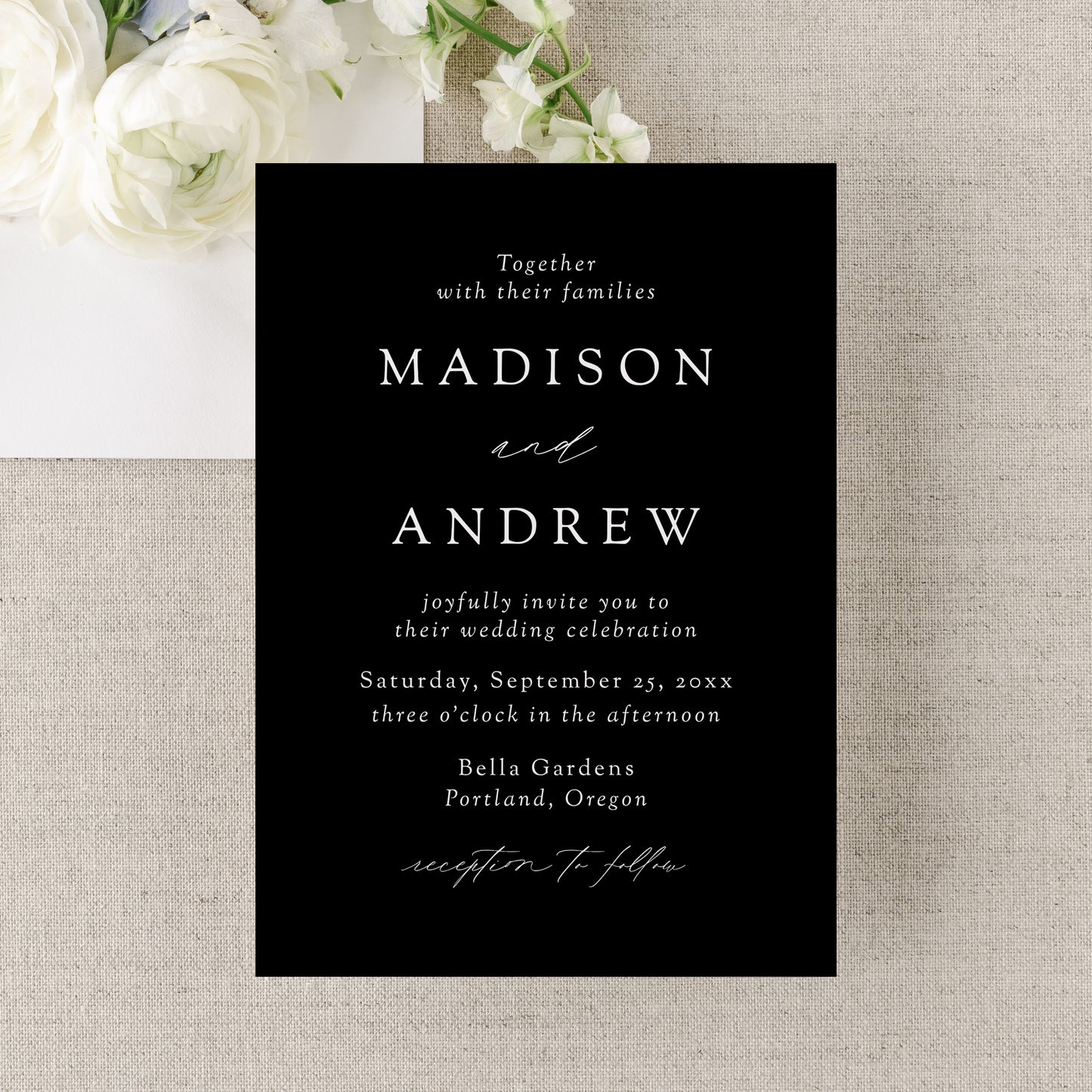 Modern Elegant Black Wedding Invitation | Corjl Template