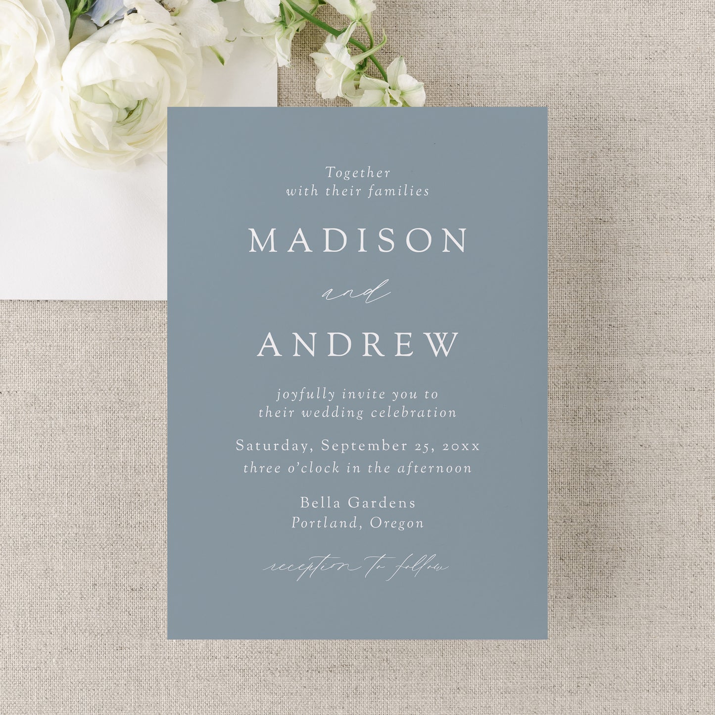 Modern Elegant Dusty Blue Wedding Invitation | Corjl Template