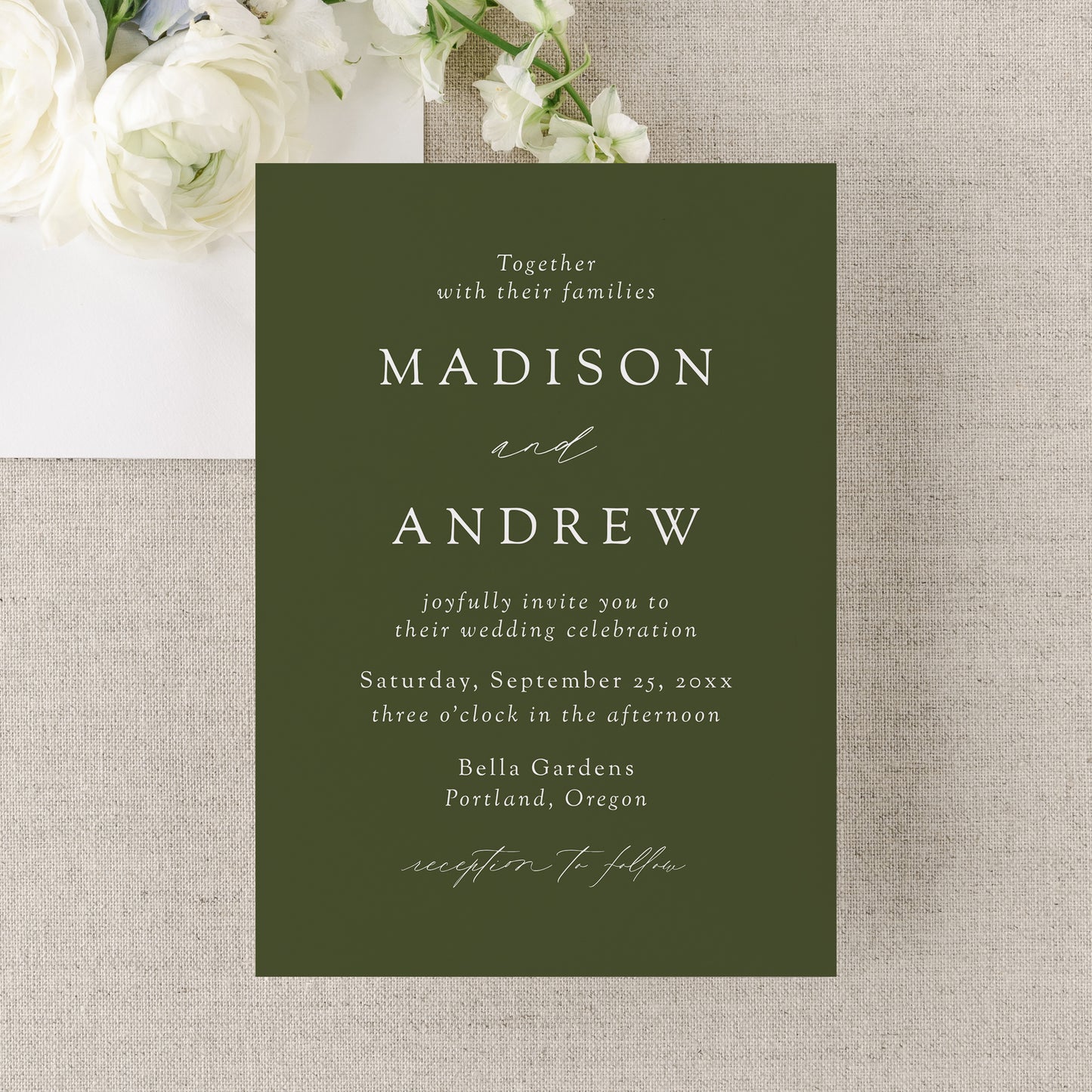 Modern Elegant Olive Green Wedding Invitation | Corjl Template