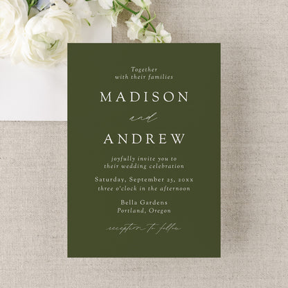 Modern Elegant Olive Green Wedding Invitation | Corjl Template