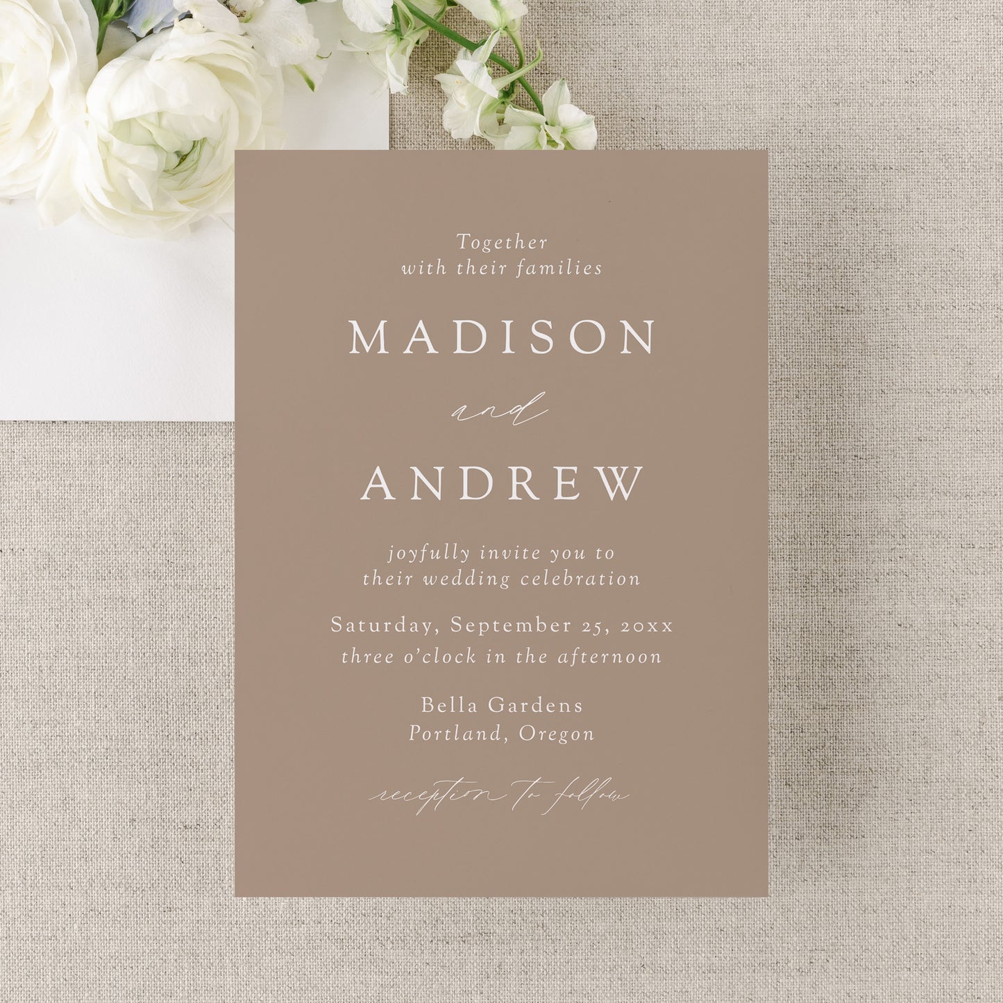 Modern Elegant Taupe Wedding Invitation | Corjl Template