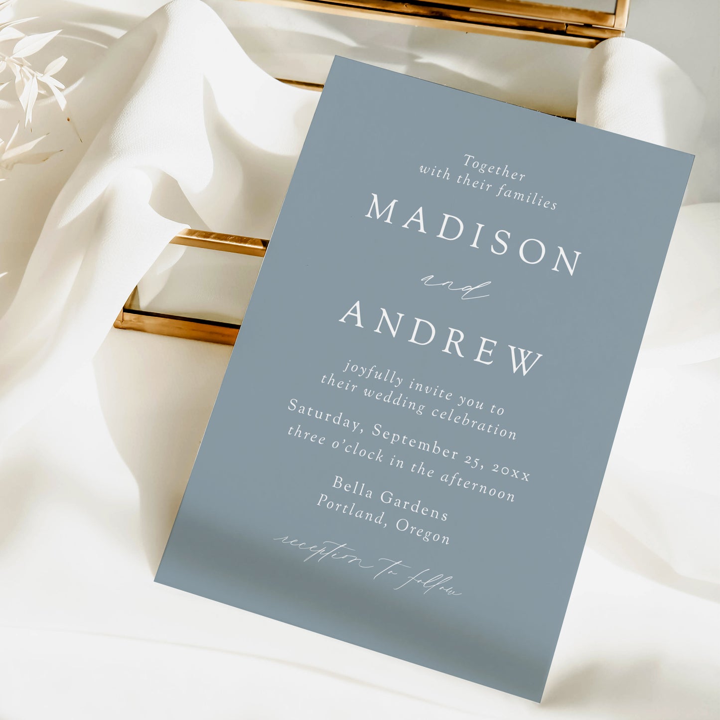 Modern Elegant Dusty Blue Wedding Invitation | Corjl Template