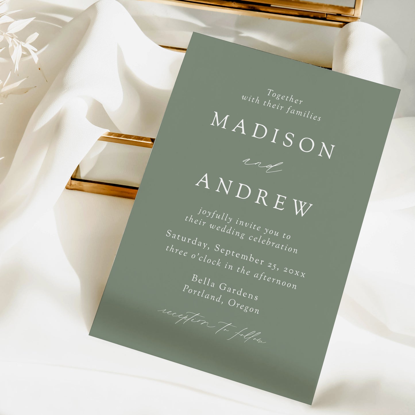 Modern Elegant Sage Green Wedding Invitation | Corjl Template