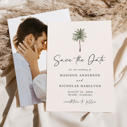 Minimalist Palm Tree Cream Photo Wedding Save the Date Card | Corjl Template