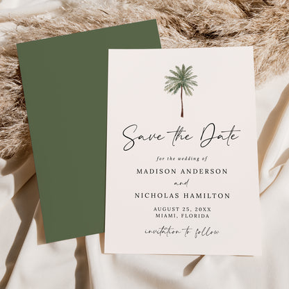 Minimalist Palm Tree Cream Wedding Save the Date Card | Corjl Template