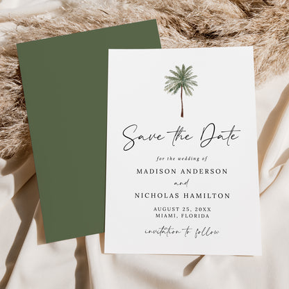 Minimalist Palm Tree Wedding Save the Date Card | Corjl Template