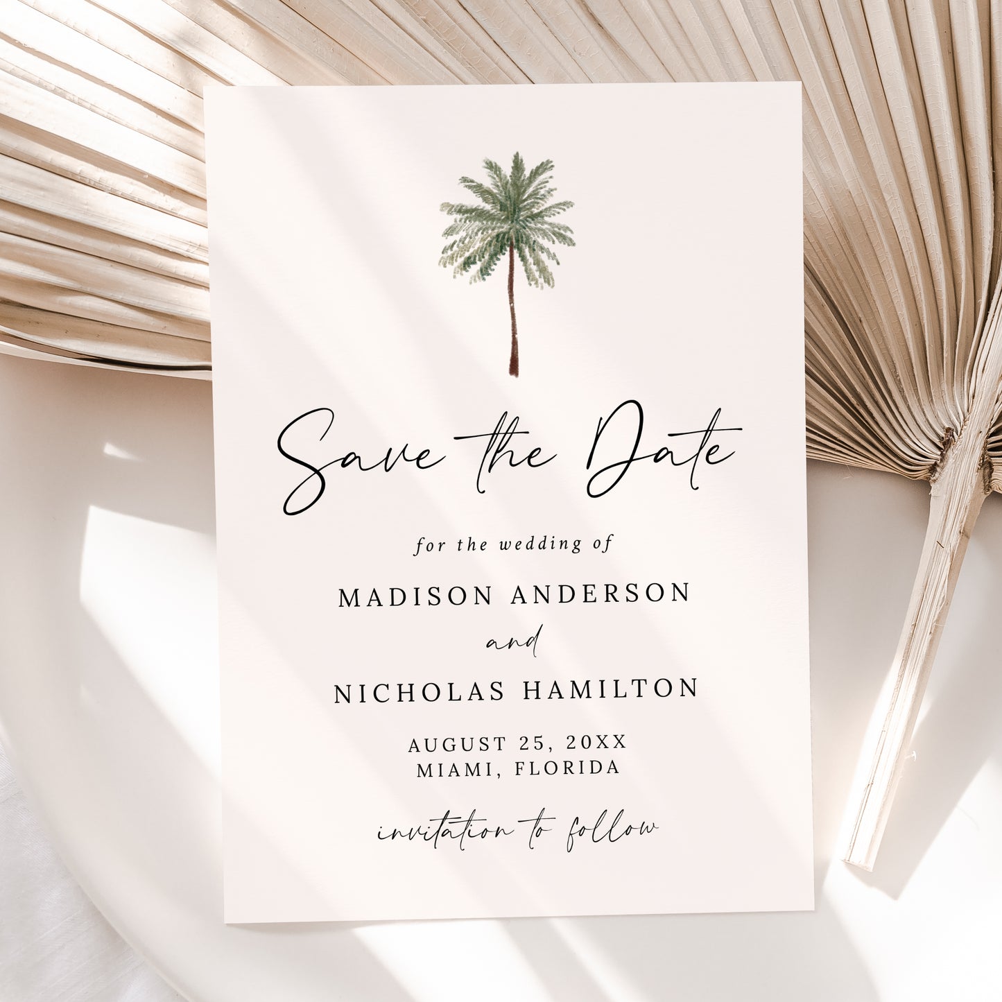 Minimalist Palm Tree Cream Photo Wedding Save the Date Card | Corjl Template