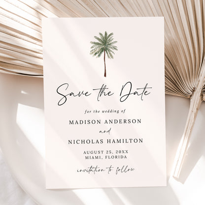 Minimalist Palm Tree Cream Photo Wedding Save the Date Card | Corjl Template