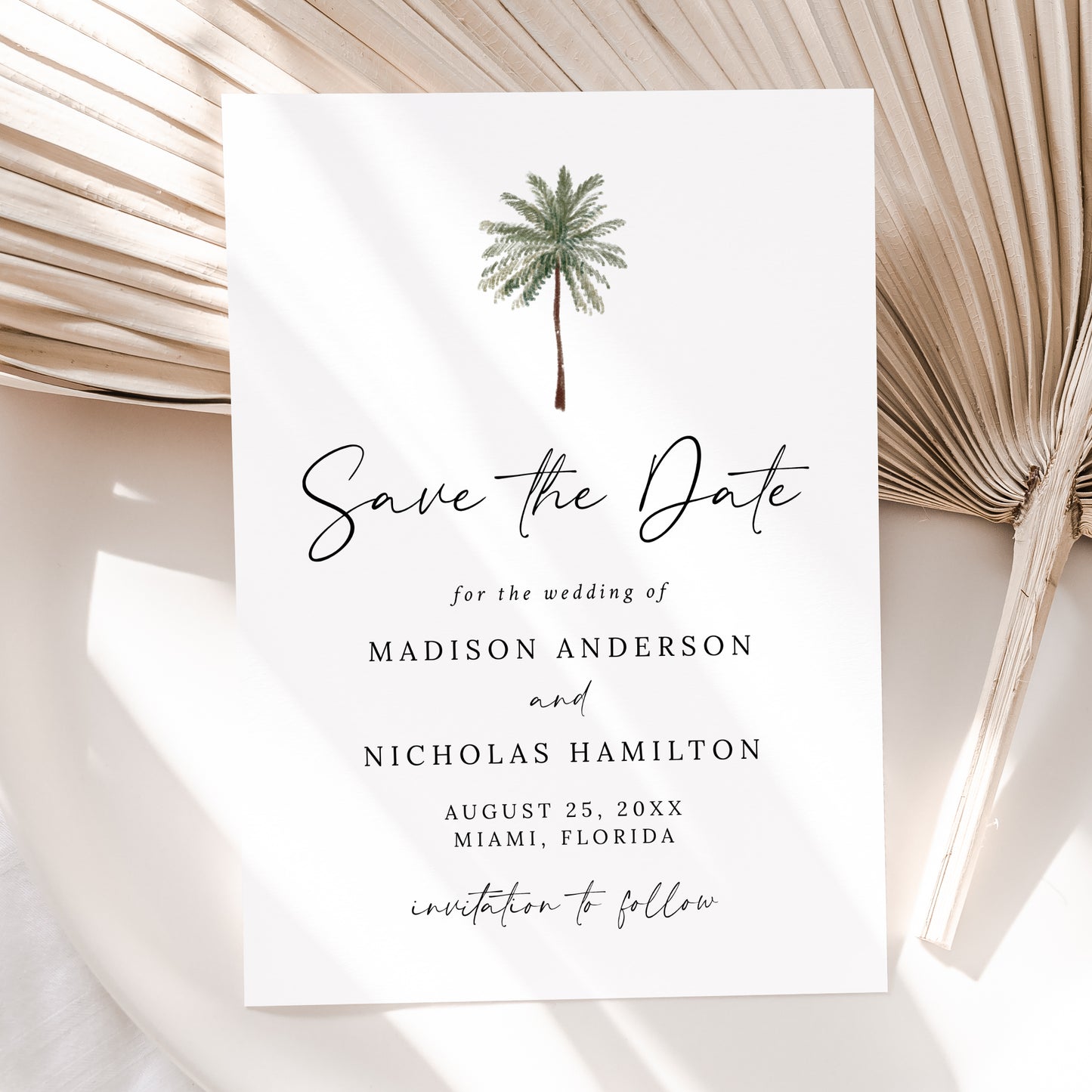 Minimalist Palm Tree Photo Wedding Save the Date Card | Corjl Template