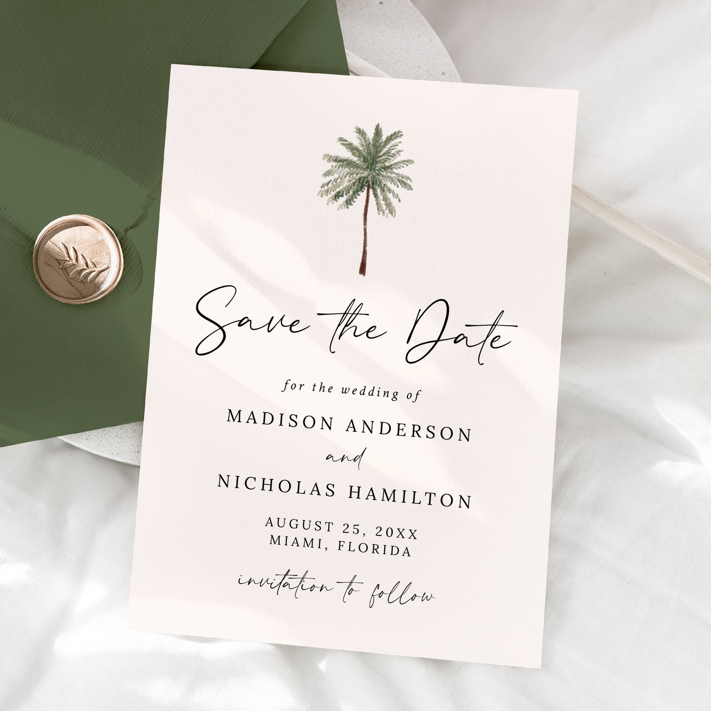 Minimalist Palm Tree Cream Photo Wedding Save the Date Card | Corjl Template
