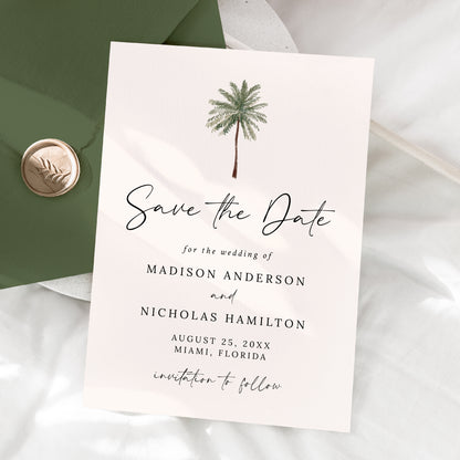 Minimalist Palm Tree Cream Photo Wedding Save the Date Card | Corjl Template