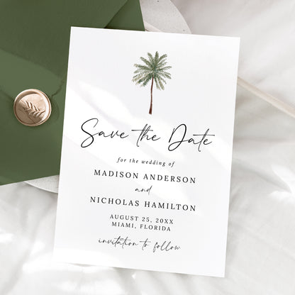 Minimalist Palm Tree Photo Wedding Save the Date Card | Corjl Template