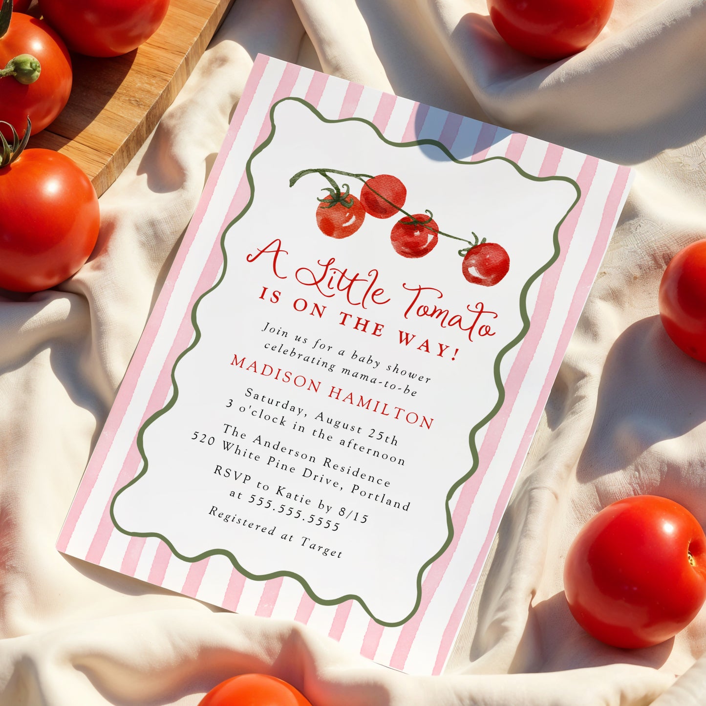 A Little Tomato Is on the Way Pink Baby Shower Invitation | Corjl Template