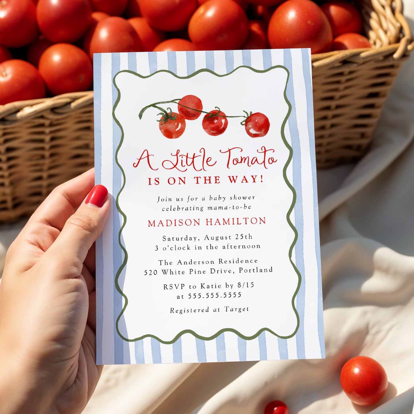 A Little Tomato Is on the Way Baby Shower Invitation | Corjl Template